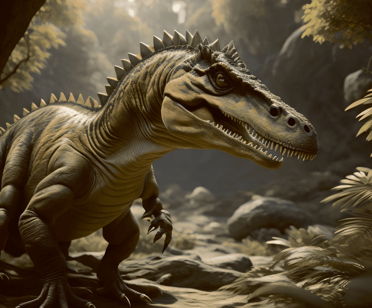 Realistic dinosaur with ridged spine and sharp teeth standing in lush jungle environment