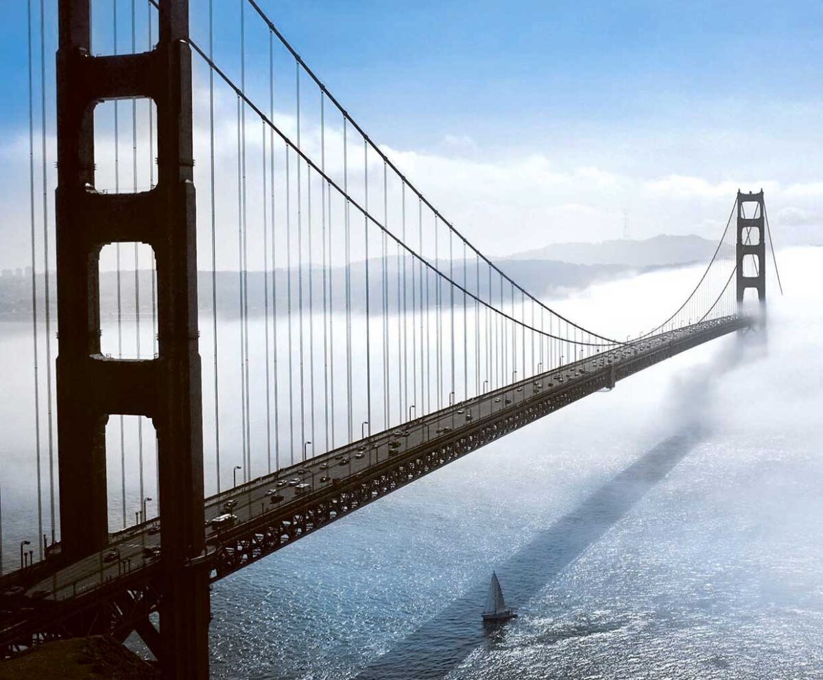 Golden Gate Bridge standing tall amidst the mist, captured in stunning clarity and displayed in an LED Box Frame for your modern home decor.