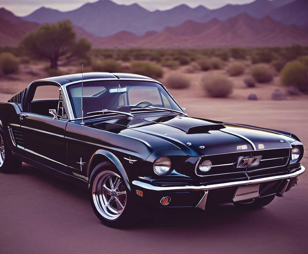 Classic black muscle car displayed in an LED Box Frame, set against a desert landscape, offering a stylish, vibrant addition to any space.