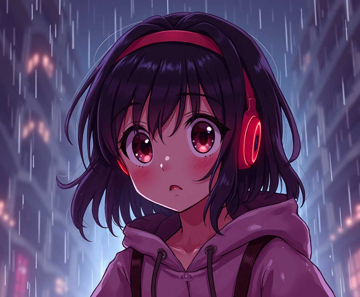 Anime girl wearing red headphones standing in the rain with a soft blush