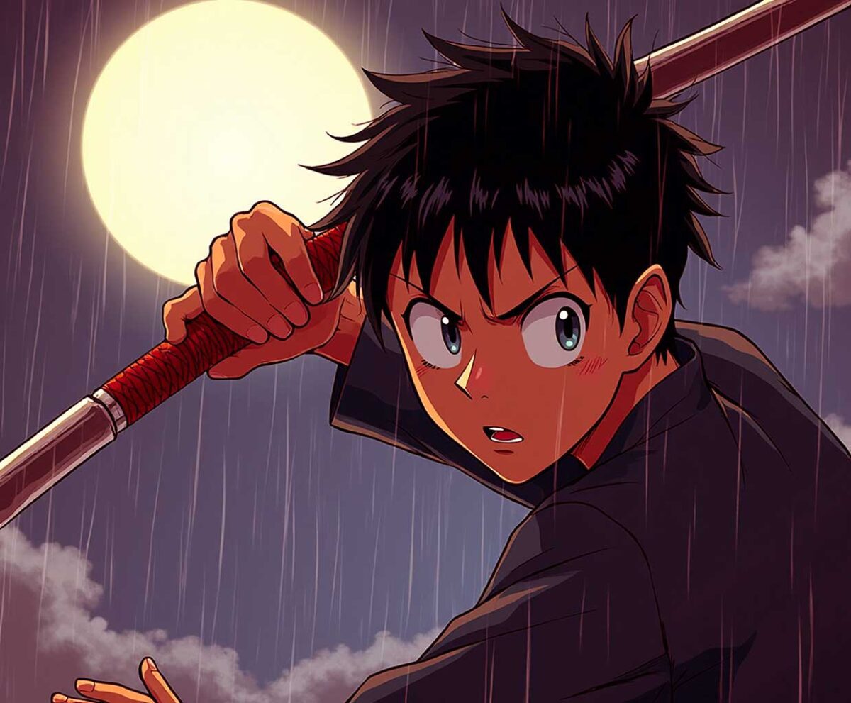 Anime character holding a sword under the moon, depicted in an eco-lit LED Box Frame with customizable lighting.