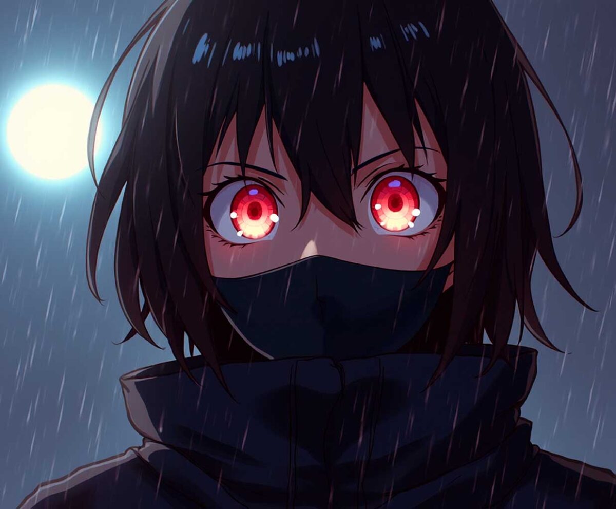 Anime character with glowing red eyes and black face mask under moonlight and rain