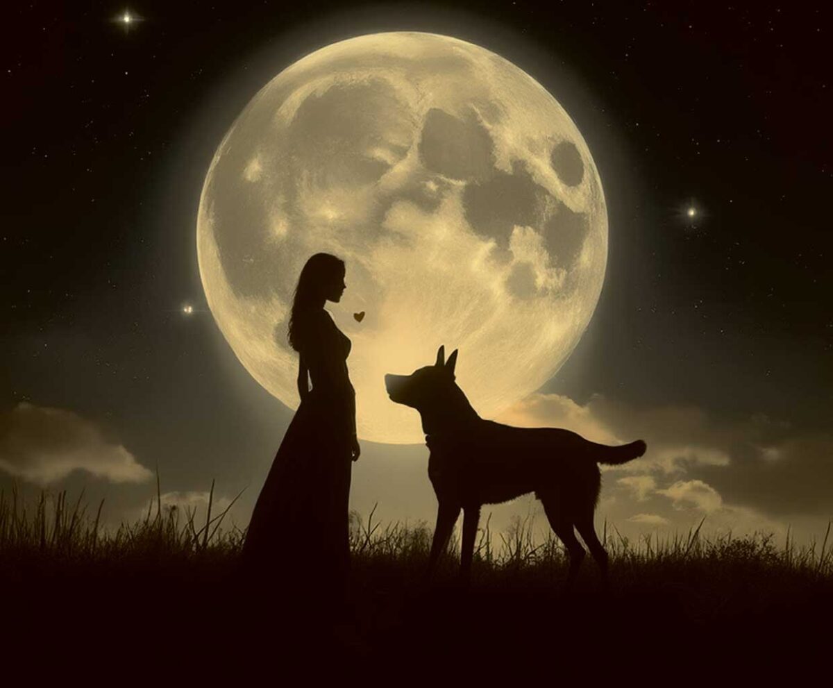 Valentine's romantic scene featuring a woman and a dog under a glowing moon, framed in an eco-friendly LED Box Frame