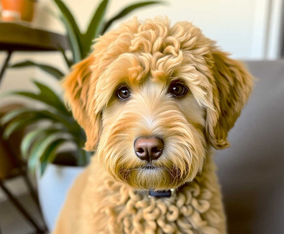 A sweet Labradoodle puppy with curly fur, displayed in a customizable LED Box Frame, offering energy-efficient lighting and a warm, captivating glow.