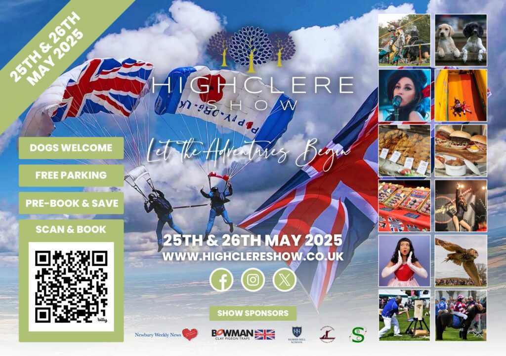 Highclere Show 2025 promotional poster featuring skydivers with Union Jack parachutes, event date, attractions, and booking information with a QR code.