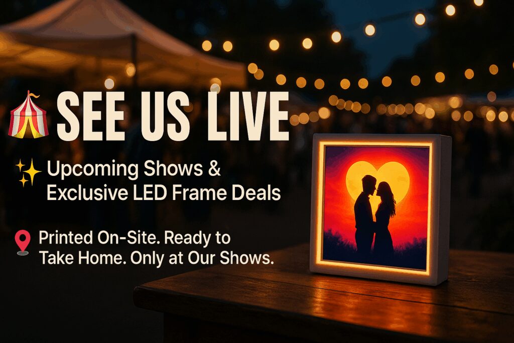 Glowing LED Box Frame with romantic sunset artwork on a wooden table at a night market, surrounded by string lights and tents, promoting live shows and special offers.