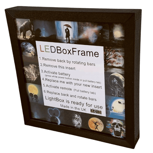 Custom LED Box Frame displaying various backlit designs with instruction insert