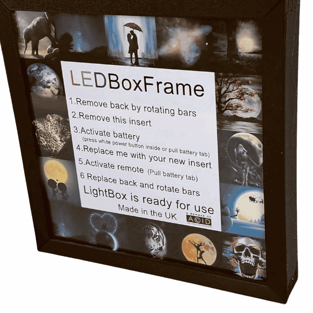 LED Box Frame lightbox with instruction card — swap-in inserts, UK-made, ready to use