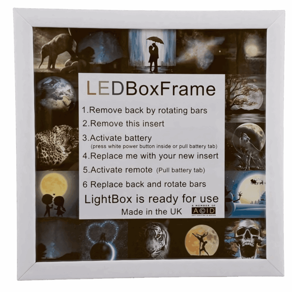 White LED Box Frame front view with setup instructions, eco-friendly lightbox, and customizable inserts.